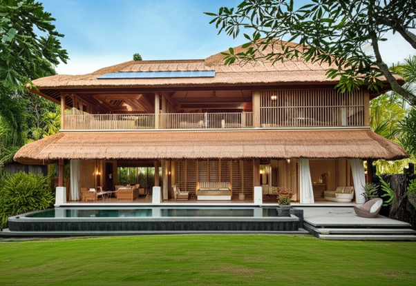 Architectural rendering of a Balinese villa showcasing traditional and modern design elements.