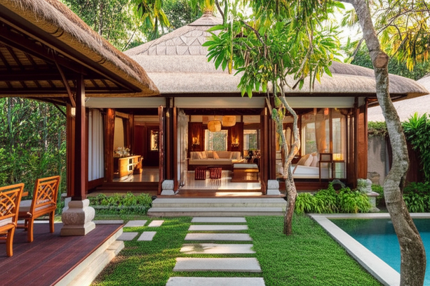 Luxurious Balinese villa with a thatched roof, open-plan living spaces, and a swimming pool, showcasing a blend of traditional and modern design.