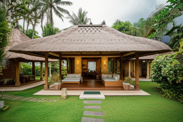 A beautiful Balinese villa showcasing traditional design elements and sustainable practices, harmonizing with nature.