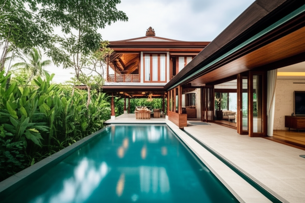 Architectural rendering of a modern Balinese villa with open living spaces, reflecting the principles of Tri Hita Karana and Tri Mandala.