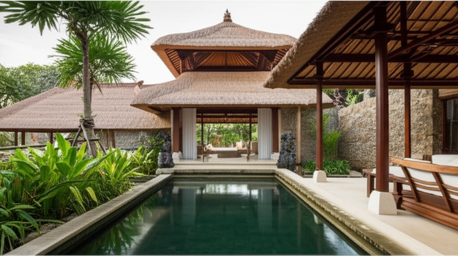 Architectural rendering of a Balinese villa, showcasing traditional design elements and sustainable practices.