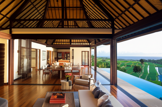 Illustration of a modern Balinese villa showcasing Tropical Modernism and integration with nature.