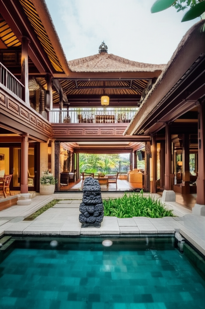 Architectural rendering of a Balinese villa, showcasing open-plan living, natural materials, and seamless indoor-outdoor integration.
