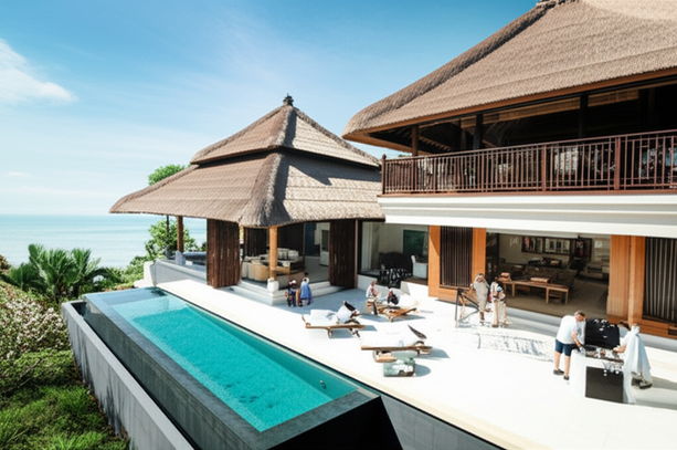 Architectural rendering of a luxurious Balinese villa, showcasing the integration of design, construction, and landscape elements.