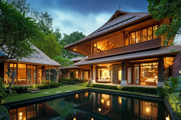 Architectural rendering of a Balinese villa showcasing sustainable design principles and integration with the natural environment, embodying the Tri Hita Karana philosophy.
