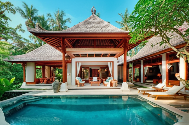 A modern Balinese villa designed with sustainable principles and respect for traditional Balinese architecture, showcasing open-plan living and integration with the natural environment.