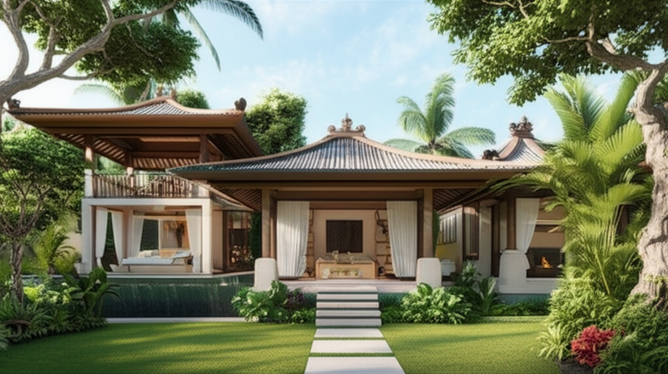 Architectural rendering of a Balinese villa, designed in harmony with nature, showcasing sustainable practices and cultural integration.