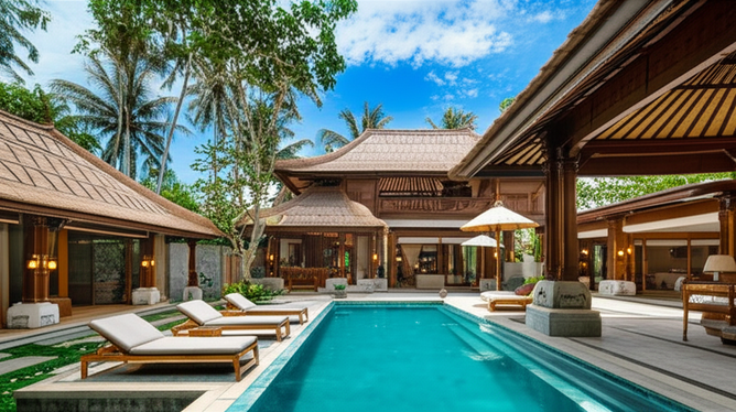 Architectural rendering of a modern Balinese villa showcasing traditional design elements and seamless indoor-outdoor living.