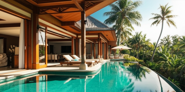 Architectural rendering of a luxurious modern villa in Bali, showcasing tropical views and Balinese design elements.