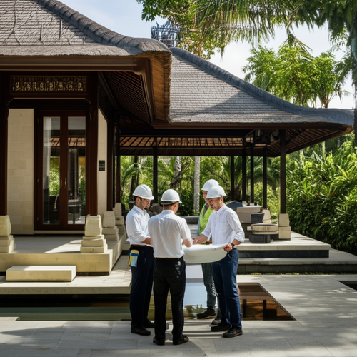 Project team conducting a final inspection of a Balinese villa, reviewing a snagging list.