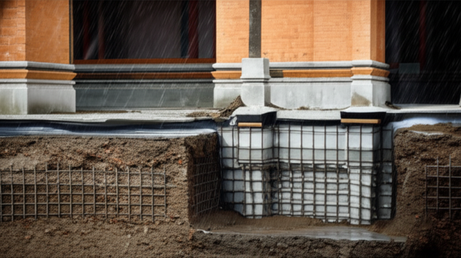 Cross-section illustration of a robust foundation for a Balinese villa, showing reinforced concrete, waterproofing, and soil layers, designed to withstand earthquakes and tropical climate conditions.