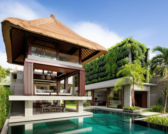 Architectural rendering of a Balinese villa showcasing a fusion of traditional and modern design, with an alang-alang roof, open living spaces, and an infinity pool.