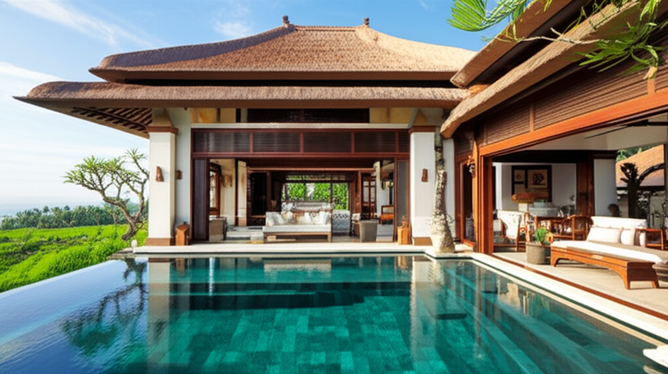 Architectural rendering of a Balinese villa combining modern and traditional design elements, showcasing open living spaces, an infinity pool, lush gardens, and a thatched roof.