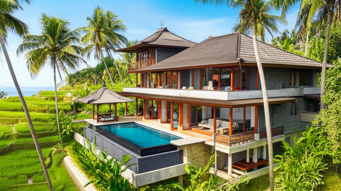 Architectural rendering of a modern Balinese villa blending traditional and contemporary design elements, emphasizing integration with the natural environment.