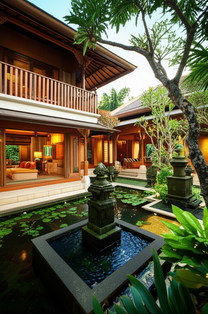 A beautiful Balinese villa showcasing open-air living spaces, a lotus pond, and natural materials, illustrating the principles of Tri Hita Karana.