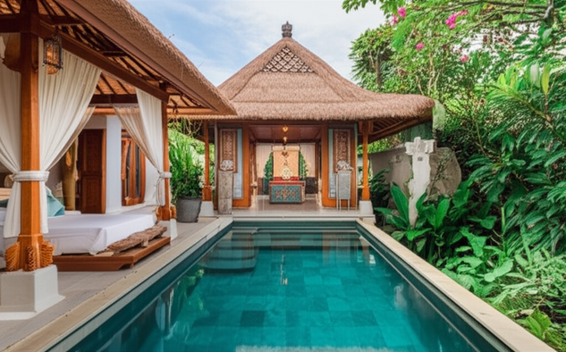 Luxurious Balinese villa with traditional architecture and modern design.
