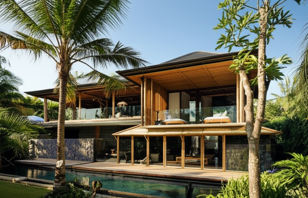 A Balinese villa showcasing harmonious integration with nature through sustainable construction and Balinese architectural principles.