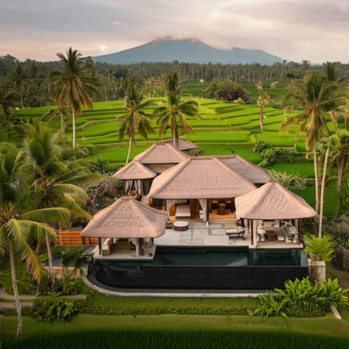 Aerial view of a luxurious Balinese villa with open pavilions, reflecting pool, and lush tropical surroundings, showcasing seamless indoor-outdoor living.