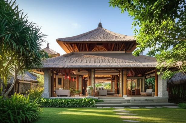 A Bali villa showcasing Balinese architectural principles, including a thatched roof, open-air living spaces, and integration with nature, highlighting sustainability and harmony.
