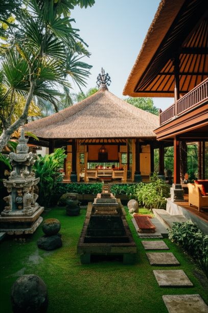 Luxurious Balinese villa showcasing open-plan living, natural materials, and integration with the surrounding tropical landscape, reflecting Tri Hita Karana principles.