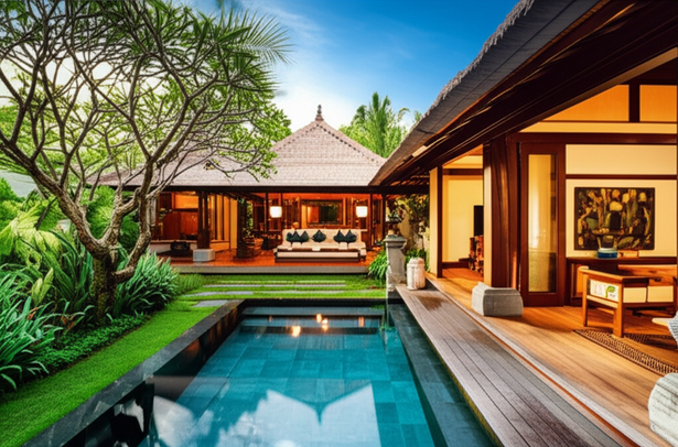 A luxury Balinese villa showcasing traditional architecture and sustainable design integrated with its lush tropical surroundings.