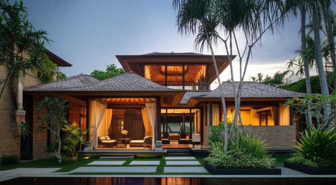 Architectural rendering of a modern Balinese villa, showcasing traditional Balinese elements integrated with contemporary design.