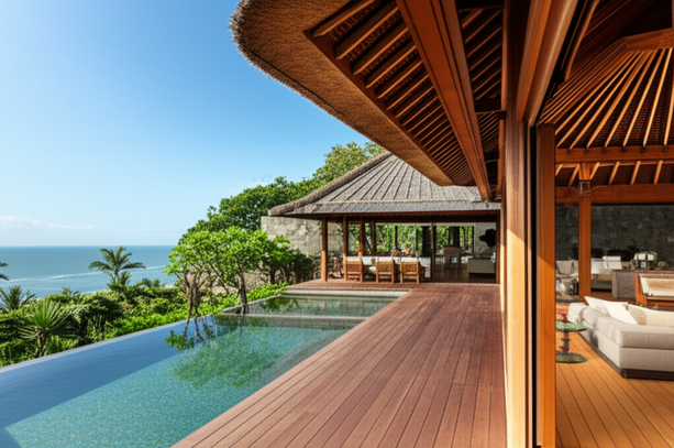 Luxurious Balinese villa showcasing open-plan living, traditional carvings, and integration with its natural surroundings.