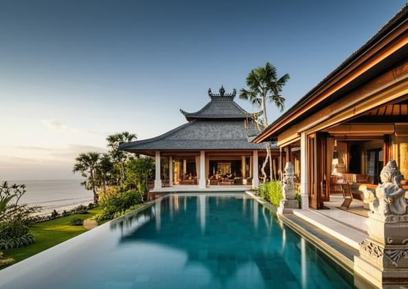 Luxurious Balinese villa with traditional carvings, tiered roof, and modern glass walls overlooking a tropical garden and infinity pool, showcasing architectural harmony and modern luxury.