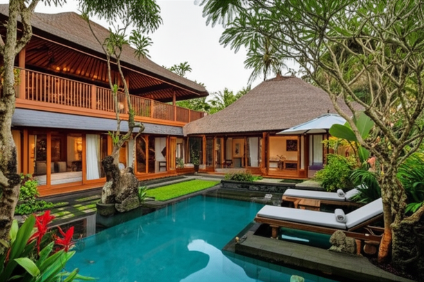 Luxurious Balinese villa with a traditional thatched roof, open living spaces, and a lush tropical garden, embodying the essence of Balinese architecture.