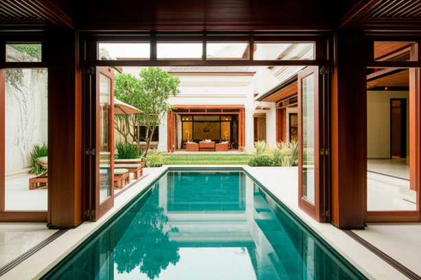 A modern Balinese villa showcasing large windows and doors connecting indoor and outdoor living spaces, overlooking a pool and tropical gardens.