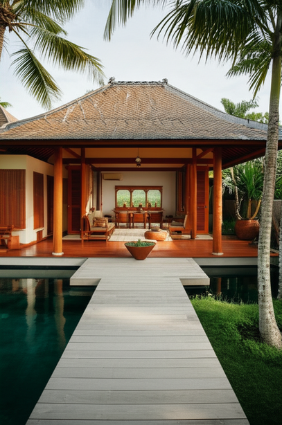 A luxury Balinese villa showcasing seamless indoor-outdoor living with an infinity pool, lush gardens, and natural materials.