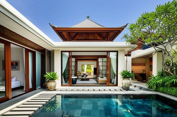 Luxurious Balinese villa with indoor-outdoor living, infinity pool, and tropical garden.