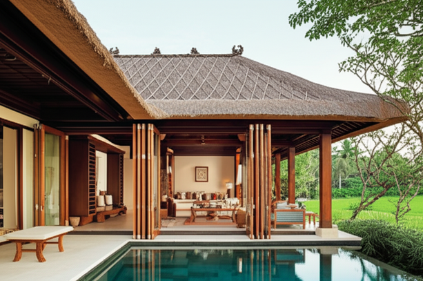 Luxurious Balinese villa with open glass doors connecting the living area to a tropical garden and swimming pool, showcasing seamless indoor-outdoor living.