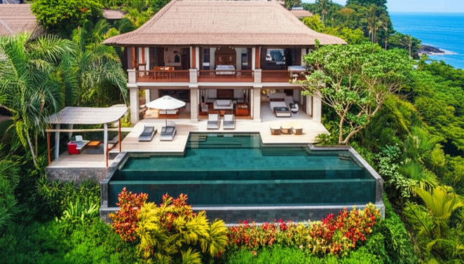 Aerial view of a luxury Balinese villa with an infinity pool and tropical gardens.