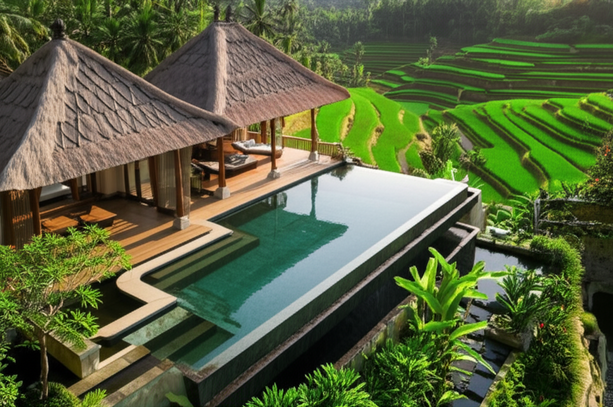 Aerial view of a Balinese villa with an infinity pool overlooking rice paddies, showcasing the seamless integration of architecture and nature.