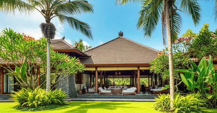 Architectural rendering of a Balinese villa seamlessly integrated with its natural surroundings, showcasing traditional design and sustainable practices.