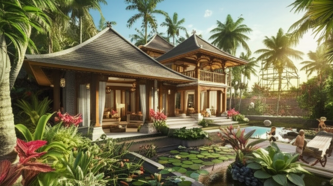 Illustration of a Balinese villa harmoniously integrated into its tropical surroundings, showcasing traditional architecture and environmental considerations.