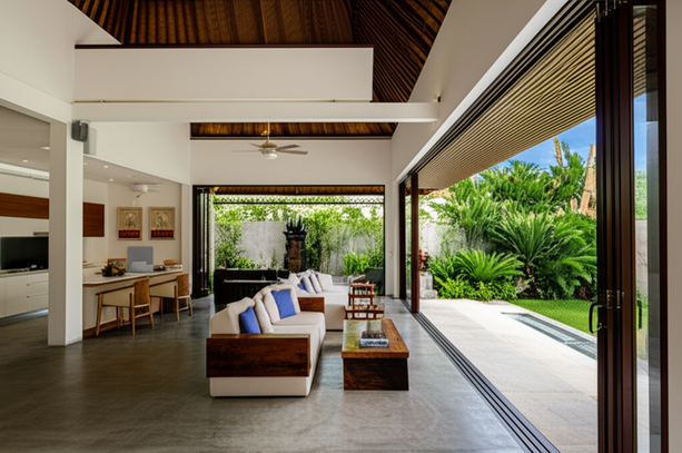 Interior of a modern Balinese villa showcasing seamless blend of traditional and modern design.