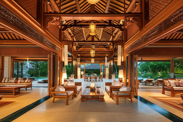 A luxurious Balinese villa interior with open-plan living, natural stone, teak wood, and a swimming pool.