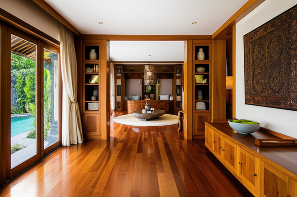 Luxurious Balinese villa interior showcasing hardwood flooring, custom cabinetry, and a view to a tropical garden.
