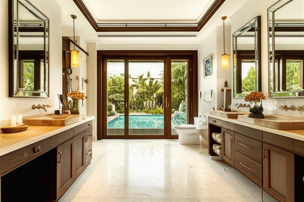Luxurious Balinese villa interior with natural stone flooring, high-end fixtures, and custom cabinetry.