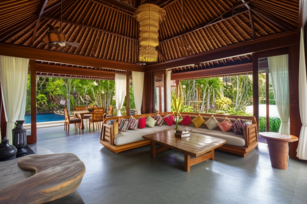 Luxurious Balinese villa interior with teak furniture, ikat cushions, and traditional artwork.