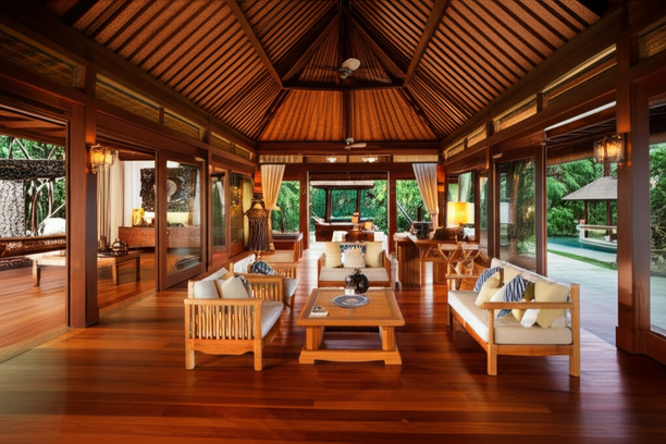 Luxurious Balinese villa interior with teak flooring, exposed wooden beams, and custom-built furniture.