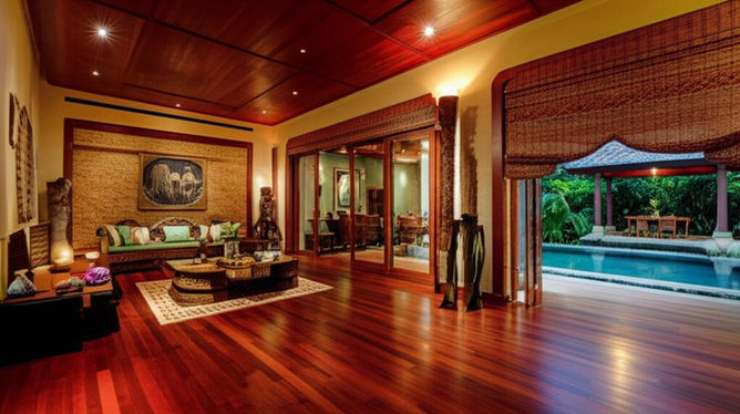 Luxurious Balinese villa interior with natural textures, earthy colors, and Balinese art, seamlessly blending indoor and outdoor living.