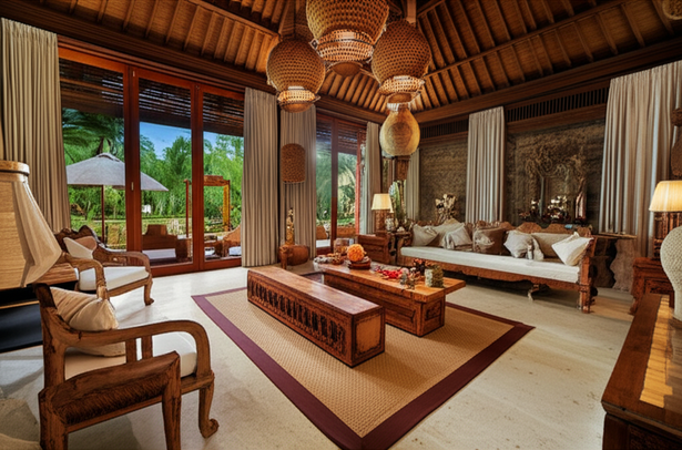 Luxurious Balinese villa interior with bespoke wooden furniture and hand-woven textiles