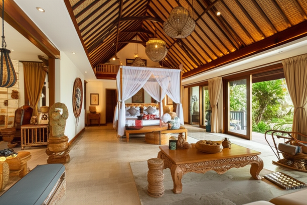 Luxurious Balinese villa interior design with a blend of traditional and modern elements, featuring natural materials and smart home technology.