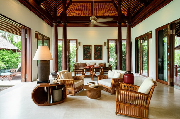 Luxurious Balinese villa interior with custom furniture and Balinese artworks.
