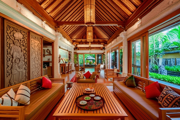 Interior design of a Balinese villa featuring natural materials and open-plan living