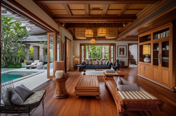 Luxurious Balinese villa interior with contemporary design, local hardwoods, and a serene atmosphere.