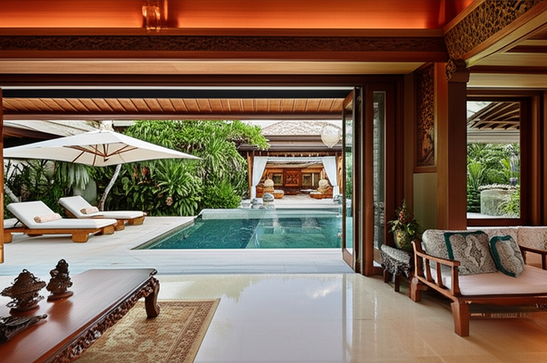 Luxurious Balinese villa interior with open doors leading to a tropical garden and pool, showcasing seamless indoor-outdoor living.